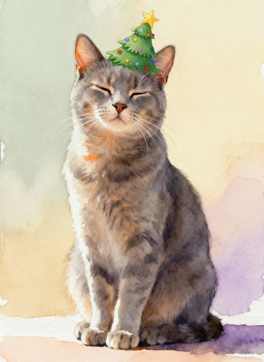 Watercolor style with Christmas tree hat