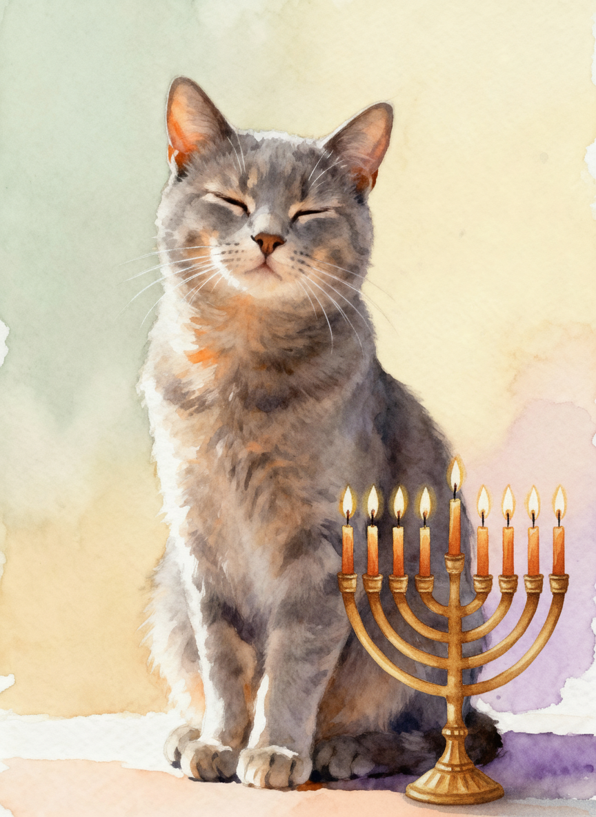 Menorah - 9-branched menorah with lit candles